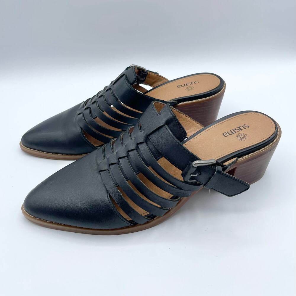 Susina Sondra Lea Leather Mules Black Stacked Low Block Heel Slip On Shoes 8